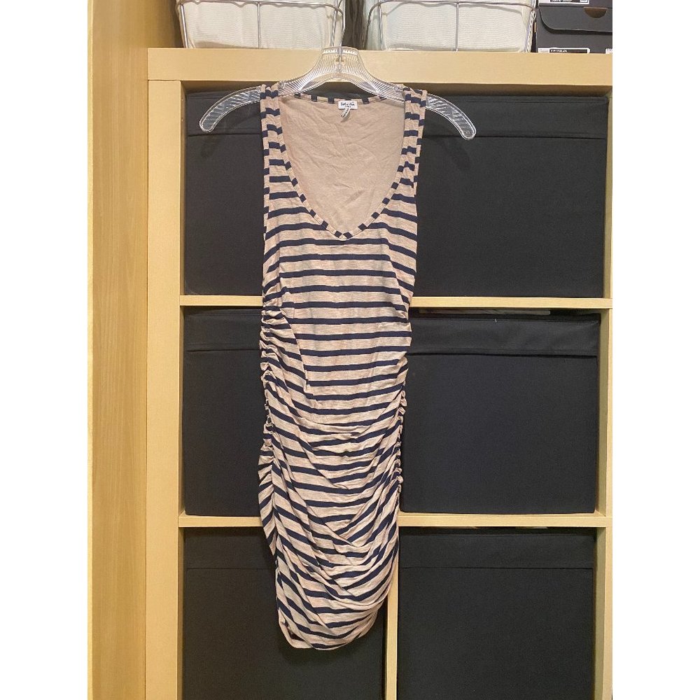 SPLENDID TAUPE AND BLUE STRIPE RUCHED MINI DRESS